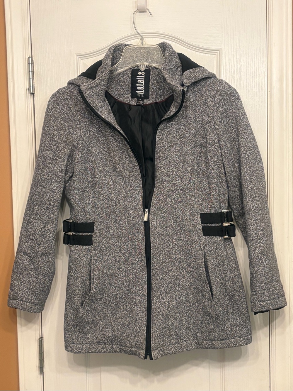 Vintage Details INTL Heathered Salt & Pepper Hooded Jacket Cinched Waist Buckles